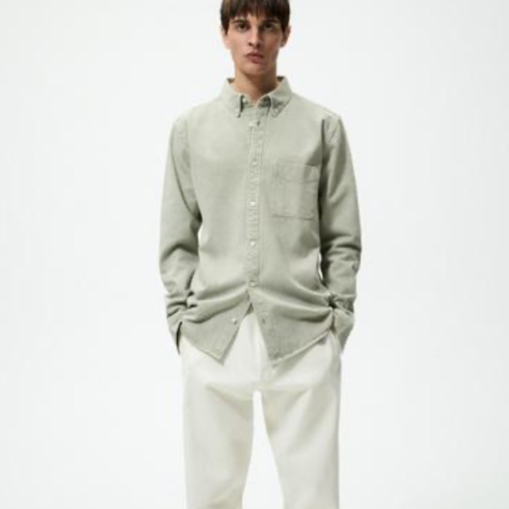 Zara men’s solid washed color denim shirt NWT sz L pastel green